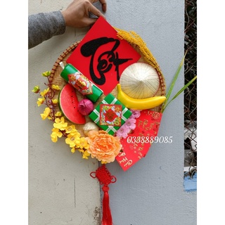 Mẹt trang trí bánh chưng dưa hấu, hành tỏi, chuối, nón, lúa trang trí cực xinh