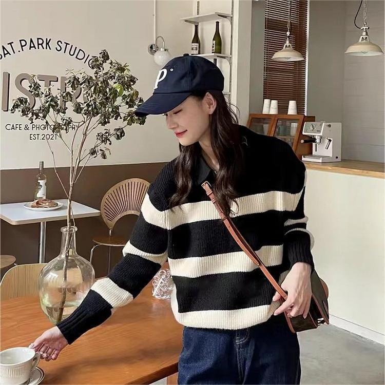 Áo dệt kim ZHELIHANGFEI dài tay cổ polo dáng rộng kẻ sọc ngang thời trang