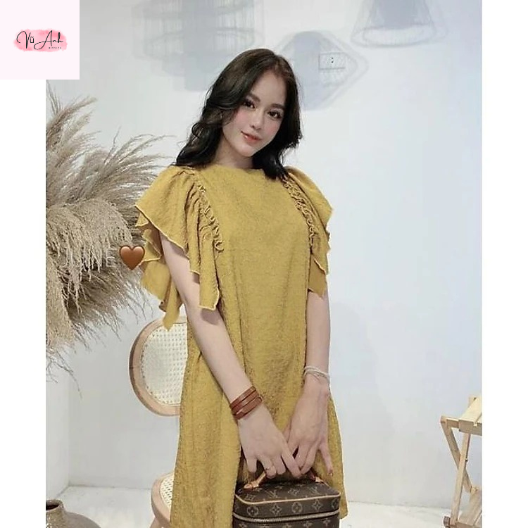 Váy bầu , đầm bầu , váy thiết kế tay bèo chất liệu đũi xốp hạt mềm mát thoải mái cho mẹ bầu đi làm
