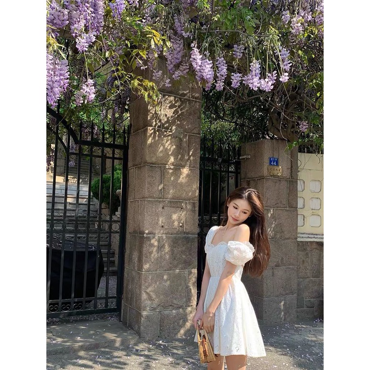 ĐẦM TRẮNG REN HOA VIỀN BÈO NƠ LƯNG