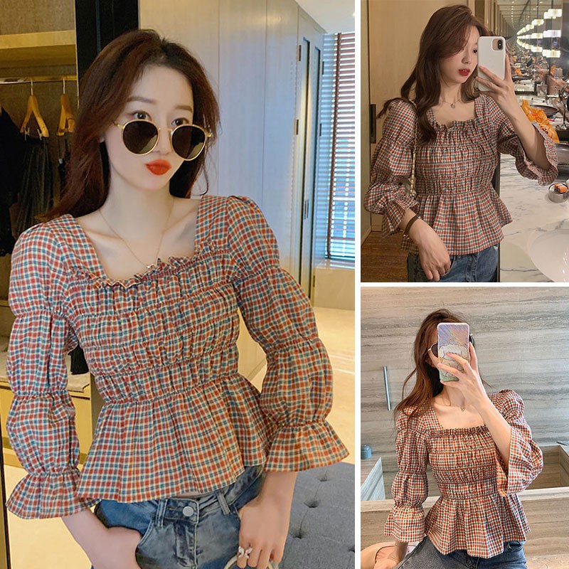 Áo Kiểu Ca Rô Dáng Ôm Dễ Phối Đồ Cho Nữ