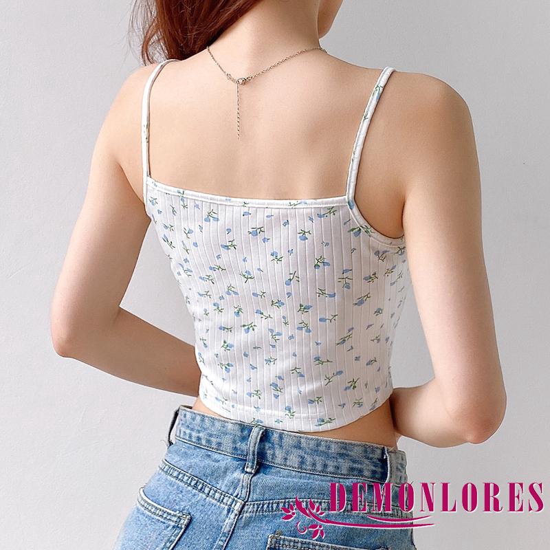 Áo hai dây mỏng cổ tròn ôm dáng in hoa phối ren thời trang mùa hè cho nữ