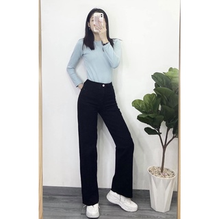 Quần Jeans nữ phom xuông ống vừa lưng cao màu đen tua lai phong cách thời trang Five Jeans