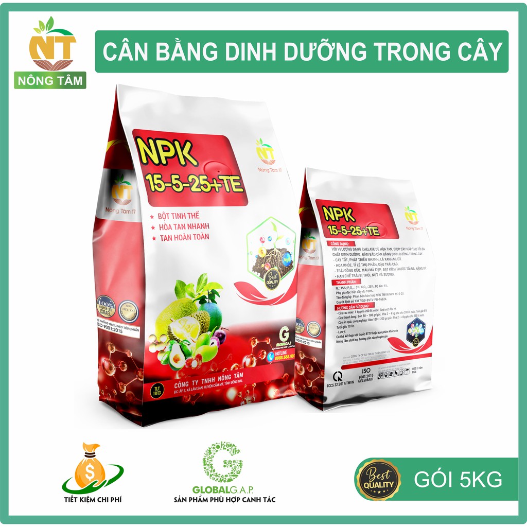 Phân bón NPK 15-5-25+TE bổ sung vi lượng, chất dinh dưỡng cho rau màu, cây ăn quả, gói 5kg