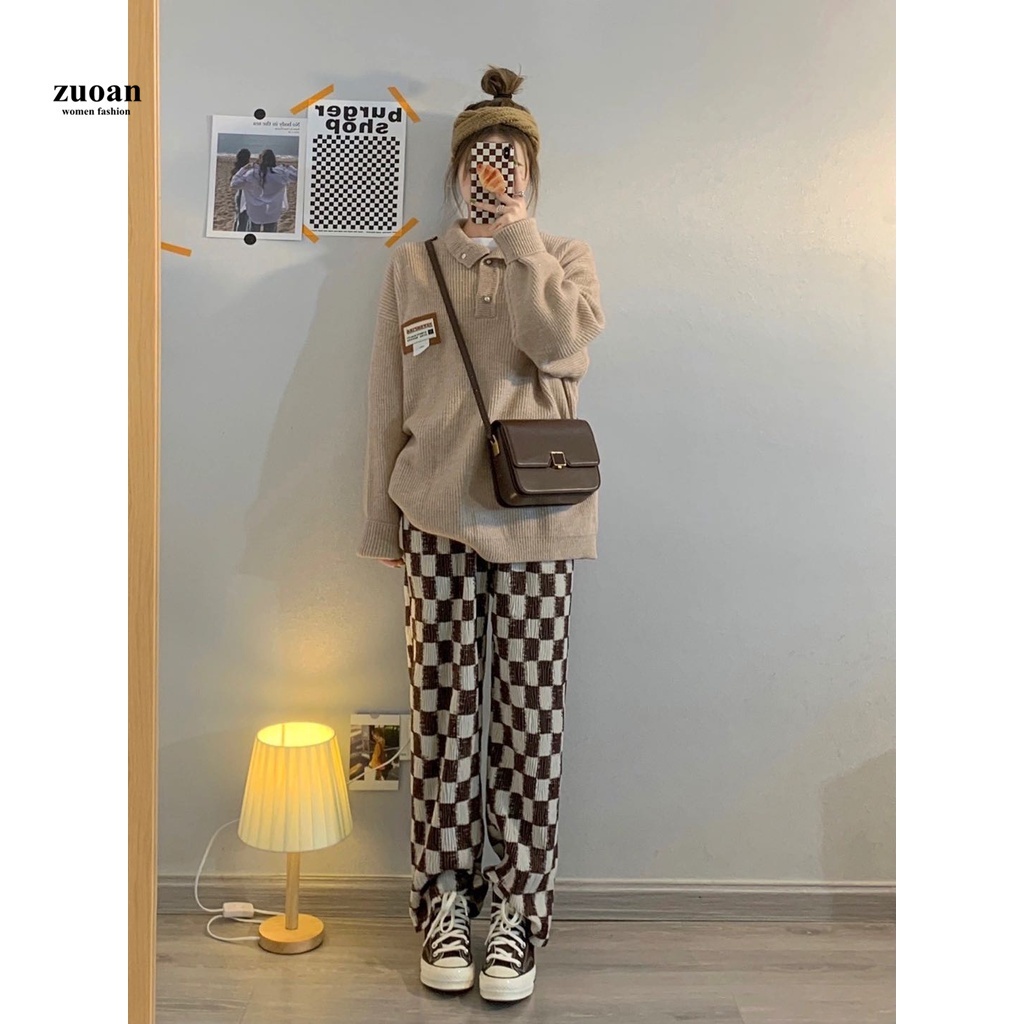 SUXI Quần dài ống rộng họa tiết caro thời trang phong cách Hàn Quốc cho nữ