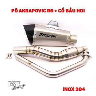 Pô Akrapovic R6 đầu Carbon trắng kèm cổ bầu hơi inox 304 màng lọc tổ ong