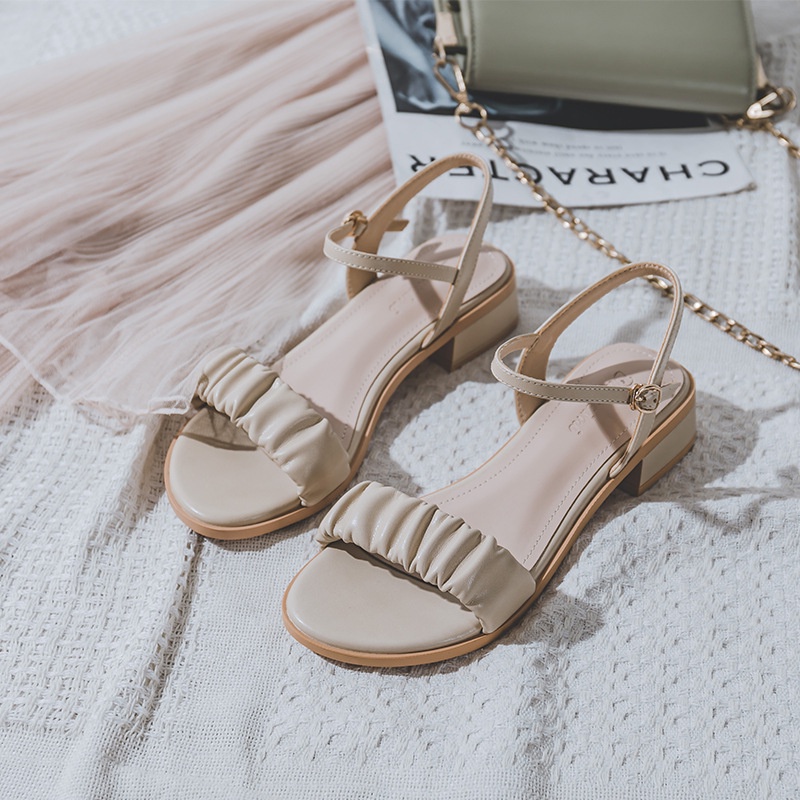 Giày sandal nữ 3 phân, dép xăng đan da mềm quai ngang bèo nhún tiểu thư, SARA M78