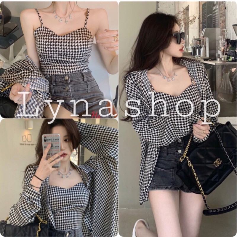 set đồ nữ 🍉Bộ Áo Sơ Mi Áo 2 Dây Kẻ Ô Vuông 🍉Set Áo Khoác Nữ Kèm Áo Ngắn kẻ caro siêu xinh hợp thời trang style trẻ trung