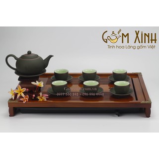 Ấm chén Bát Tràng_Bộ trà tử sa Tống Phúc Lộc Thọ xanh rêu