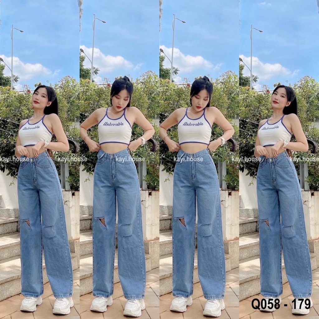 Quần Jeans Suông Cạp Cao Ống Rộng Rách Gối Cá Tính  Phối Nắp Túi Q058