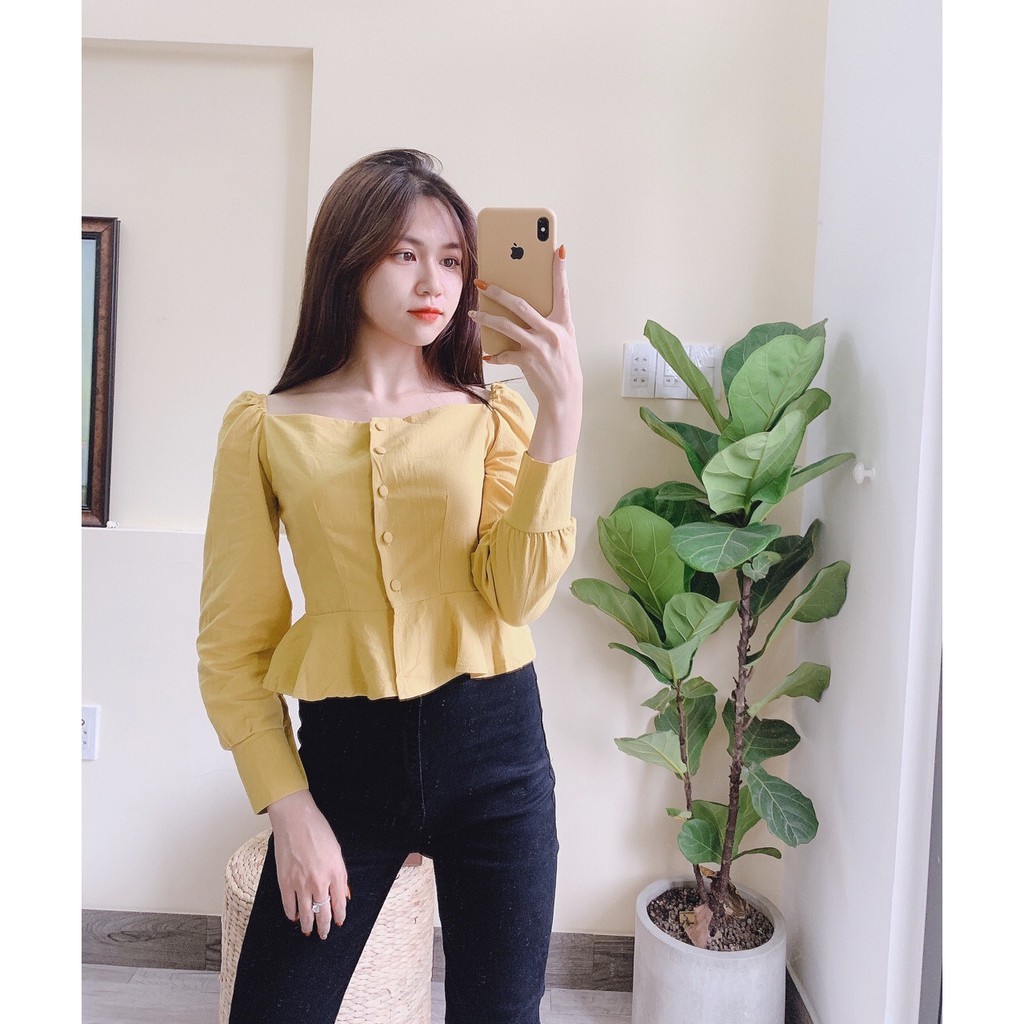 Kiểu Peplum Tay Dài Cổ Vuông Nút Vải - Thiết Kế Đơn Giản Xinh Xắn [ Ảnh thật ]