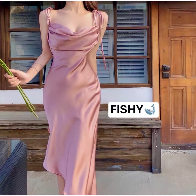 Đầm Body Lụa Dáng Dài Vạt Xéo Cổ Đổ Màu Cánh Hồng Khô Nữ Tính Dây Thắt Nơ Hàn Quốc DB.FISHY