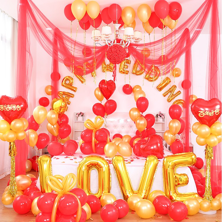 Set bóng trang trí phòng cưới bóng chữ Happy Wedding trang trí phòng tân hôn