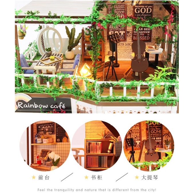 (Tặng mica,keo sữa,đèn)Nhà búp bê bé tự lắp ráp đô chơi Mô hình gỗ diy doll house tiệm cafe M906