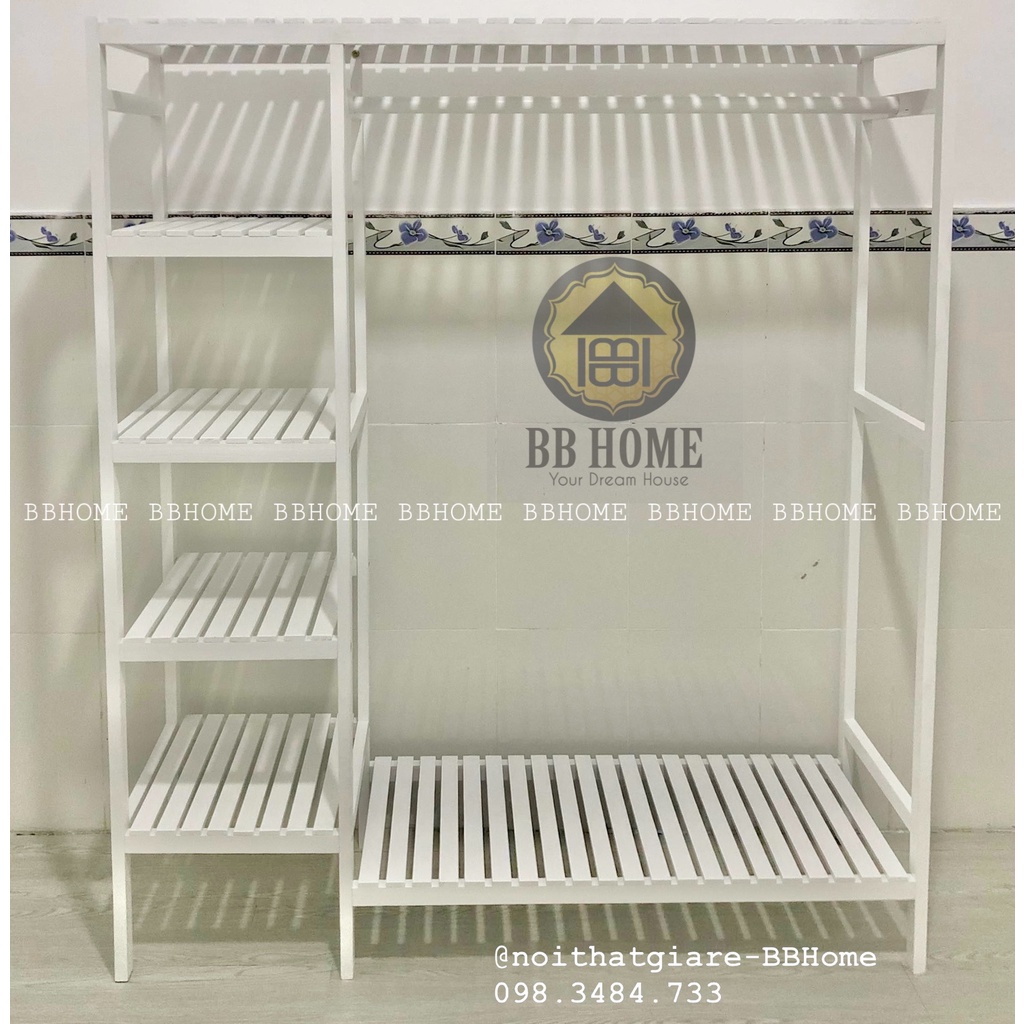 Tủ kệ treo quần áo 2 ngăn size lớn - Gỗ thông Mỹ