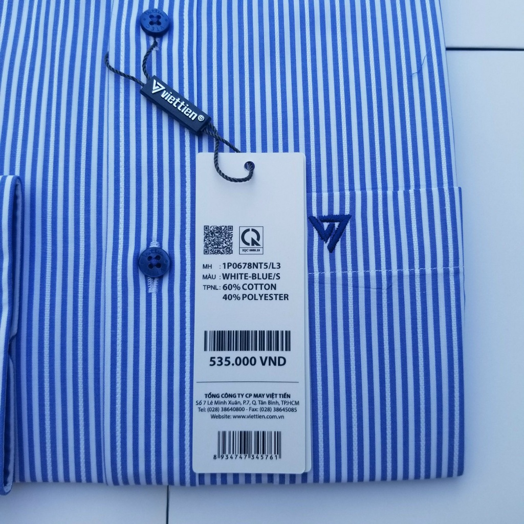 Aó sơ mi nam Việt Tiến dài tay mã  1P0678NT5 chính hãng ,cao cấp - form suông REGULAR - tà bầu ,kẻ sọc xanh.SHOP HỨA