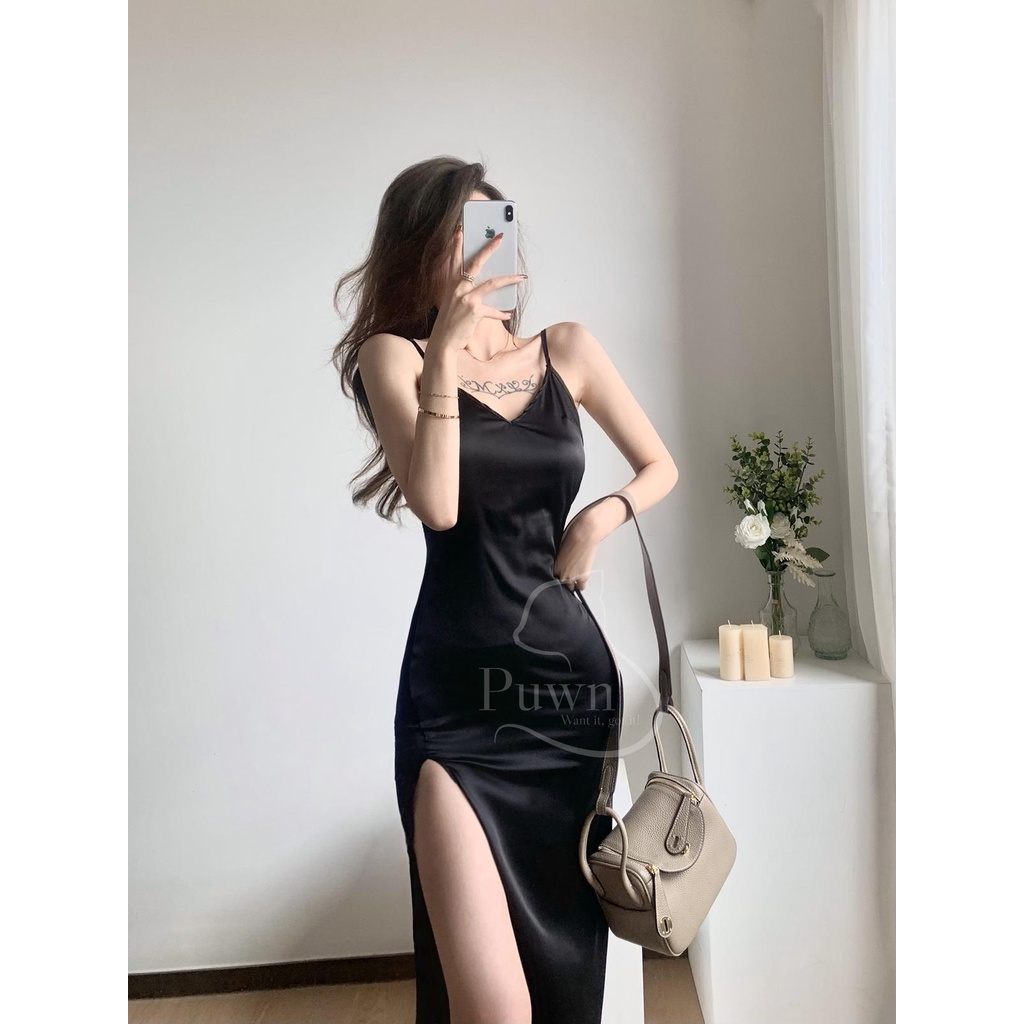 Váy lụa hai dây cổ tim xẻ cao quyến rũ sexy tôn dáng dự tiệc, prom, event, bar - Puwn Shop