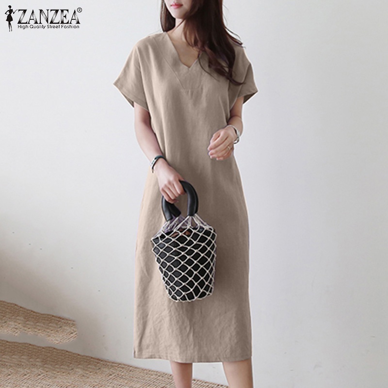 Đầm midi ZANZEA tay ngắn cổ chữ V màu trơn phong cách cổ điển thanh lịch dành cho nữ