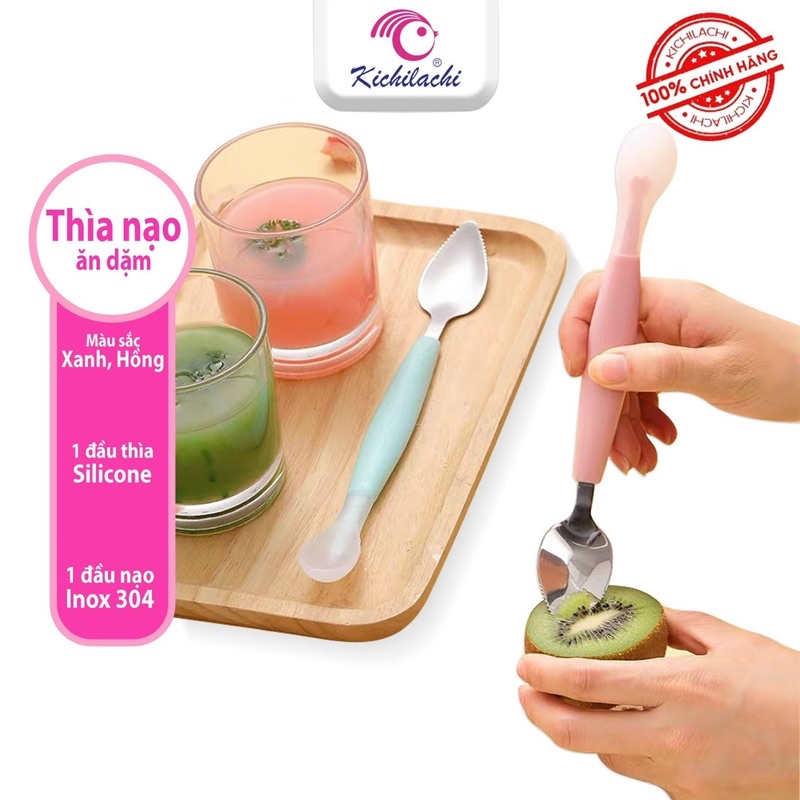 [Có Hộp] Thìa Nạo Nhỏ Hoa Quả Cho Bé Ăn Dặm Tích Hợp 2 Đầu: 1 Đầu Silicon Siêu Mềm,1 Đầu Inox 304 Có Răng Cưa Tiện Dụng