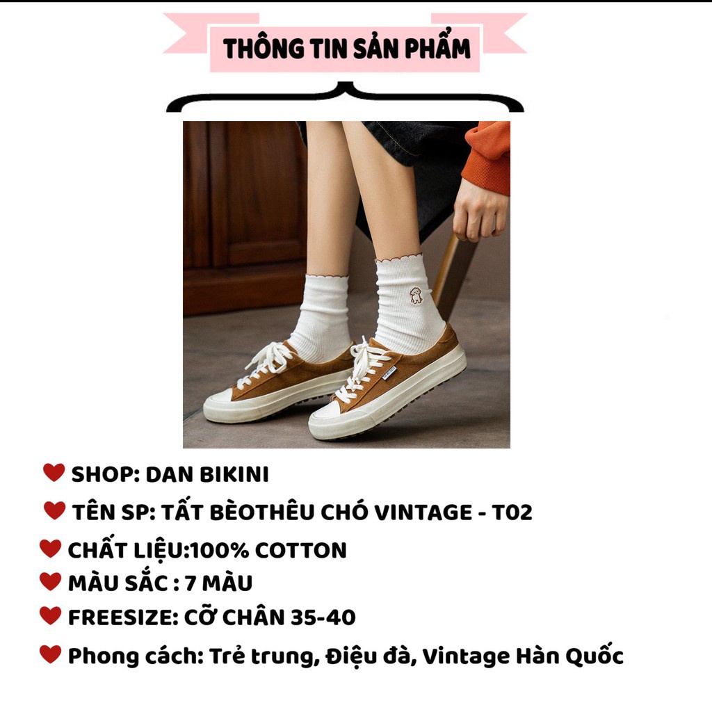 Tất Nữ Đẹp Cổ Cao Thêu chú chó Phong Cách Vintage Hàn Quốc mẫu T02