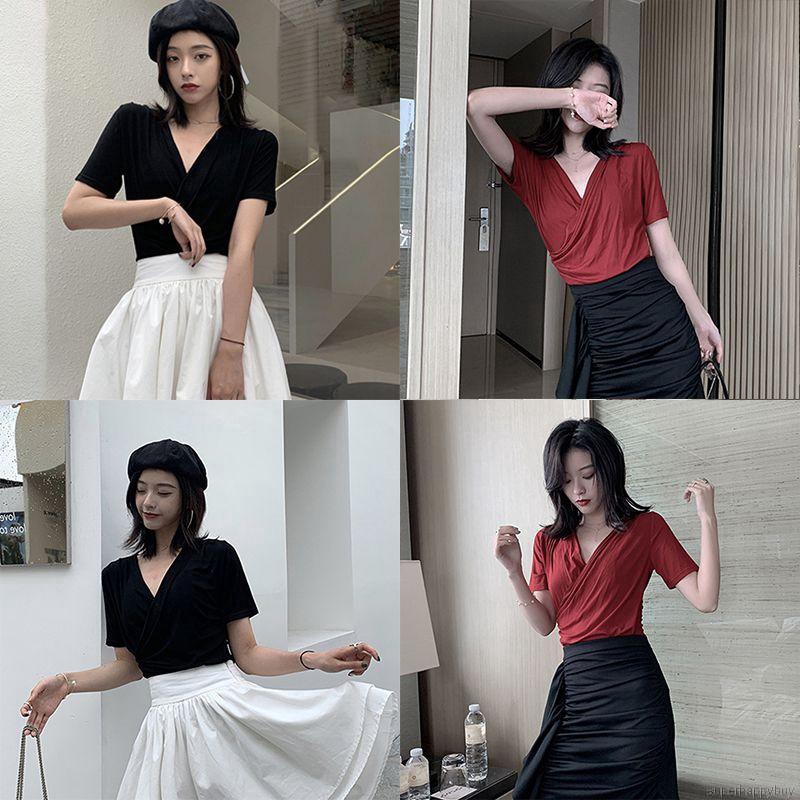 Áo Thun Nữ Tay Ngắn Cổ Chữ V Màu Trơn