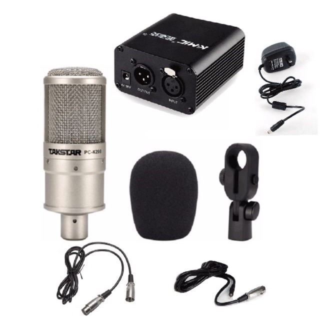 combo livestream sound card k10 +mic takstar pc k200-+nguồn 48v+chân kẹp mic+lọc âm