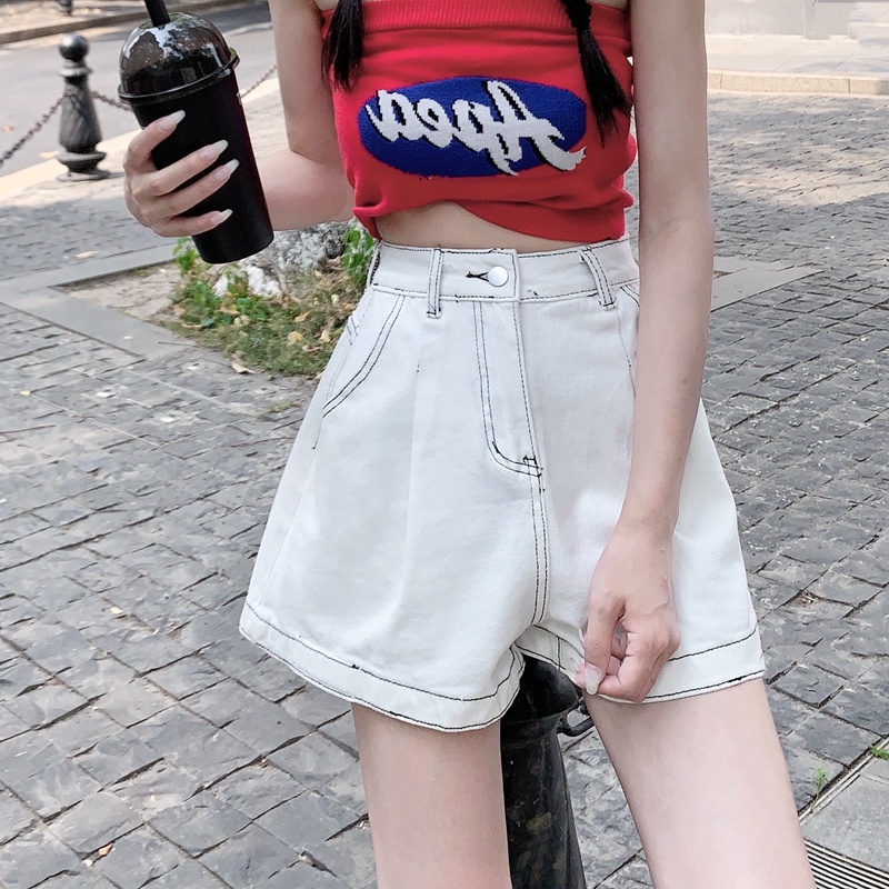 Quần Short Denim Ống Rộng Lưng Cao Thời Trang Mùa Hè Phong Cách Hàn Quốc Cho Nữ