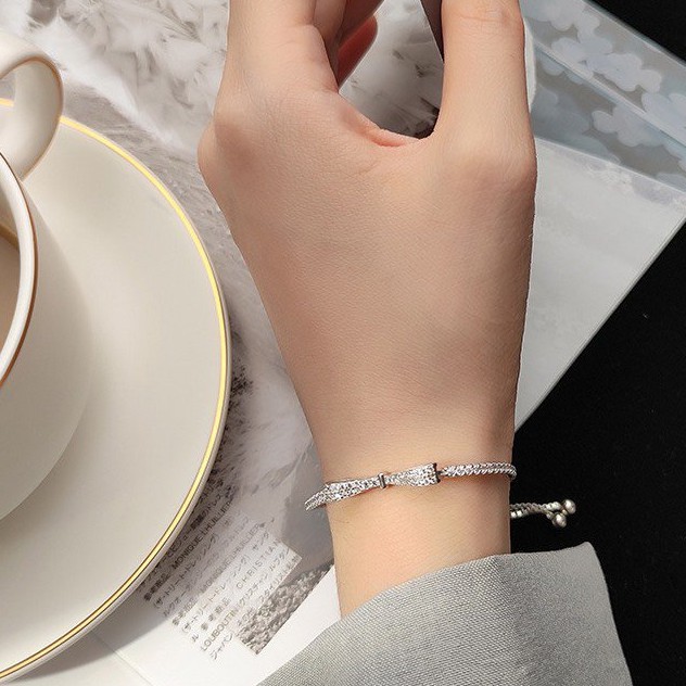 Lắc tay bạc 925 nơ đính đá chỉnh size long lanh xinh xắn dễ thương Dế Bạc - LT4452