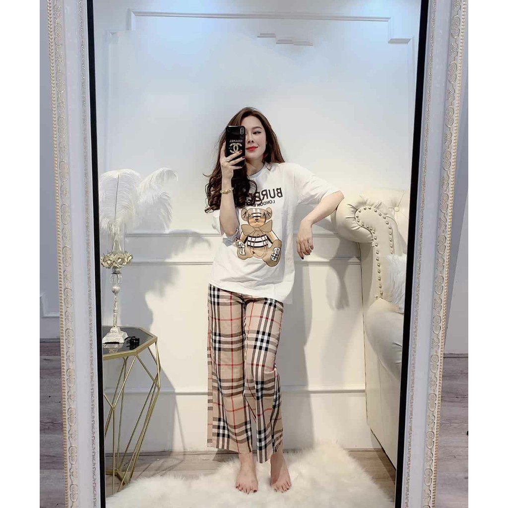 SET BỘ ĐỒ THÊU HÌNH GẤU KẺ BBR ÁO CỘC QUẦN DÀI