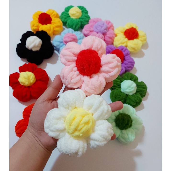 Hoa len bông 10cm, pin cài áo túi, móc khóa