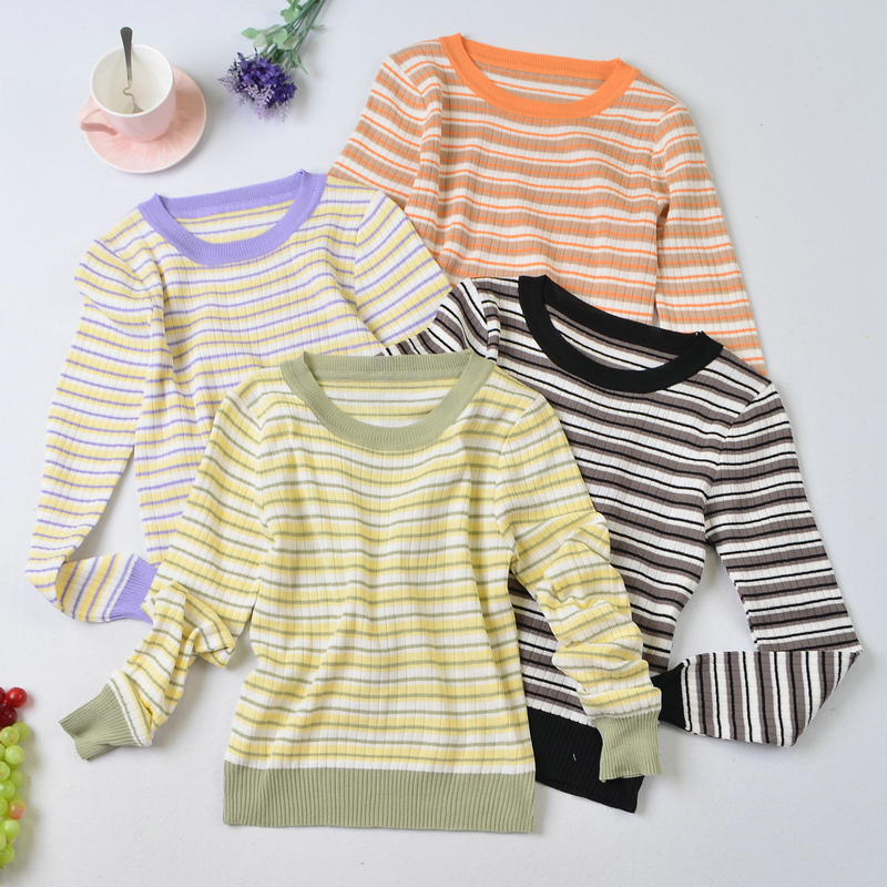 Áo Sweater Tay Dài Dáng Ôm Kẻ Sọc Cầu Vồng Thời Trang Mùa Thu