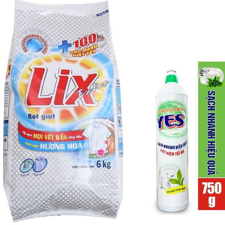 ComBo 1 Bịch bột giặt Lix Extra Hương hoa 5,5kg + nước rửa chén 750gr