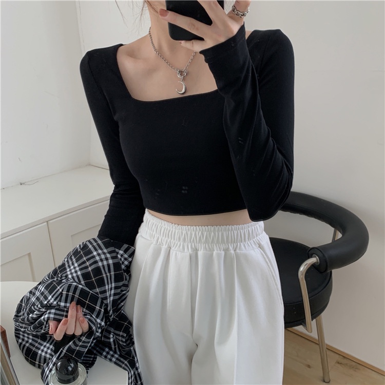 Áo croptop nữ tay dài, áo thun croptop kiểu cổ vuông, ôm body sexy phong cách Hàn Quốc đẹp, chất thun co giãn ACN005 | BigBuy360 - bigbuy360.vn