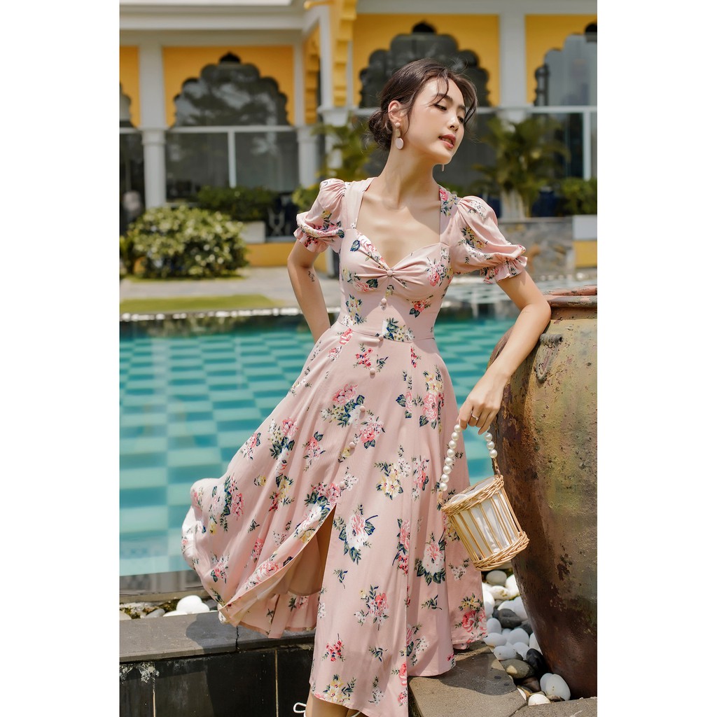 Thanh Lý Sò Vintage Size S - Gonna Đầm Hoa Nhún Ngực Tay Phồng Xẻ Tà