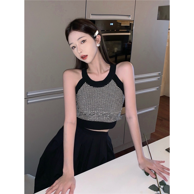 Áo Dệt Kim Hai Dây Dáng Ngắn Màu Sắc Tương Phản Phong Cách retro Hàn Quốc Thời Trang Cho Nữ