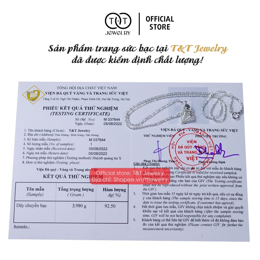 Dây chuyền Bạc nữ Hình Kim Cương sang trọng T&T Jewelry Bạc Ý cao cấp DC020