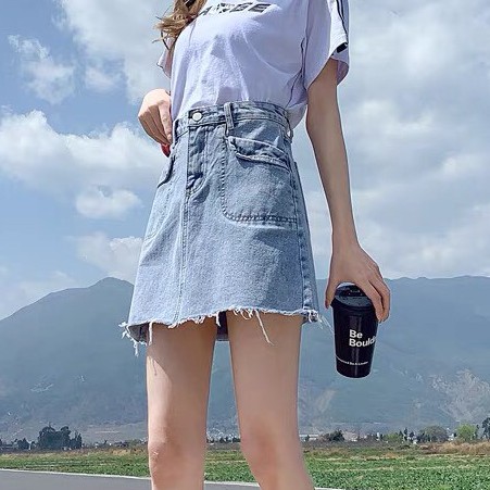 Chân váy jean cap cao tua gấu kèm quần trong _V32