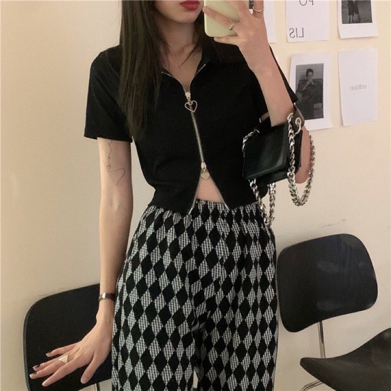 [HÀNG ORDER] Áo polo croptop phối dây kéo trái tim tay ngắn