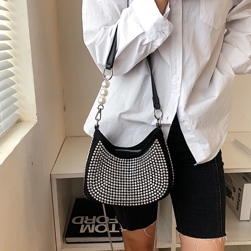 Túi đeo vai IELGY đính kim cương sáng phối chuỗi hợp xu hướng phóng khoáng thiết kế kiểu Pháp cho nữ