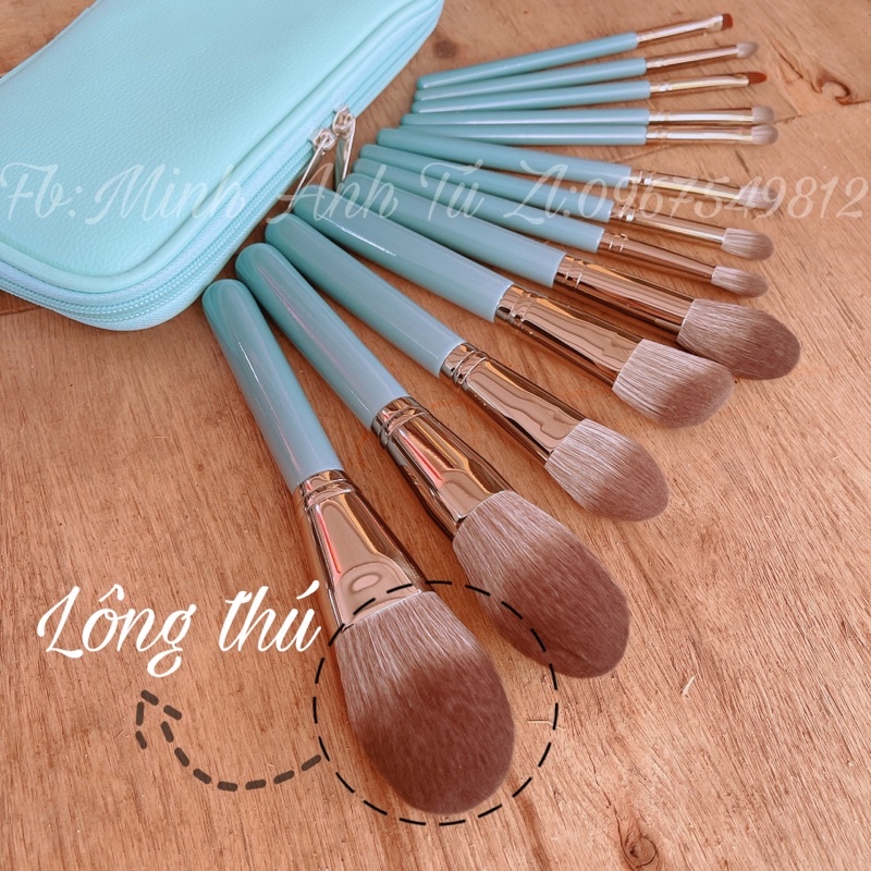Bộ Cọ Trang Điểm Kèm Bao Da Sang Chảnh Chất Lông Thú 13 Cây [ Màu Xanh- Chính Hãng]