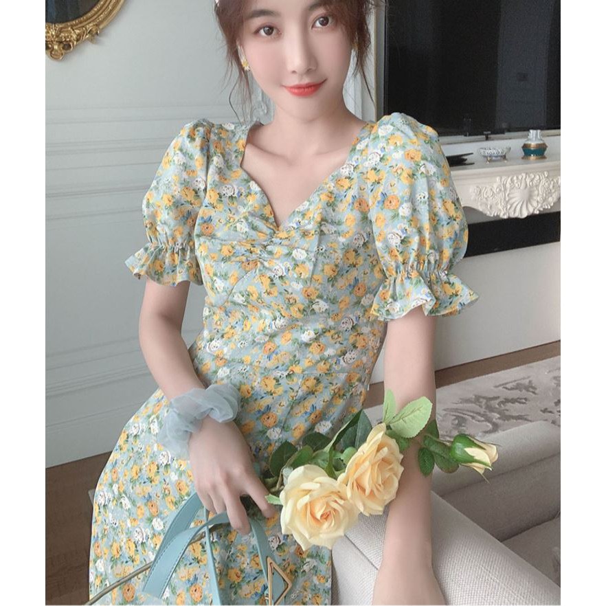 [XẢ HẾT] [SALE CHÀO  HÈ] Váy voan hoa nhí xanh cổ chữ V kiểu Pháp xinh nhẹ nhàng | BigBuy360 - bigbuy360.vn