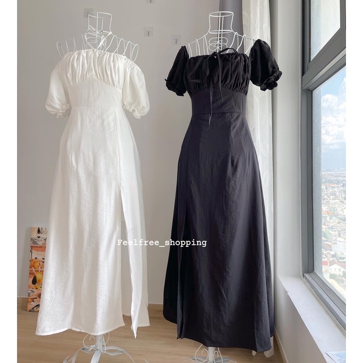 (Ảnh thật) Đầm Xanh Cổ Vuông Cúp Ngực Trễ Vai Eo Lưng 2 Lớp Mặc Đi Tiệc, Đi Chơi, Kỷ Yếu D007