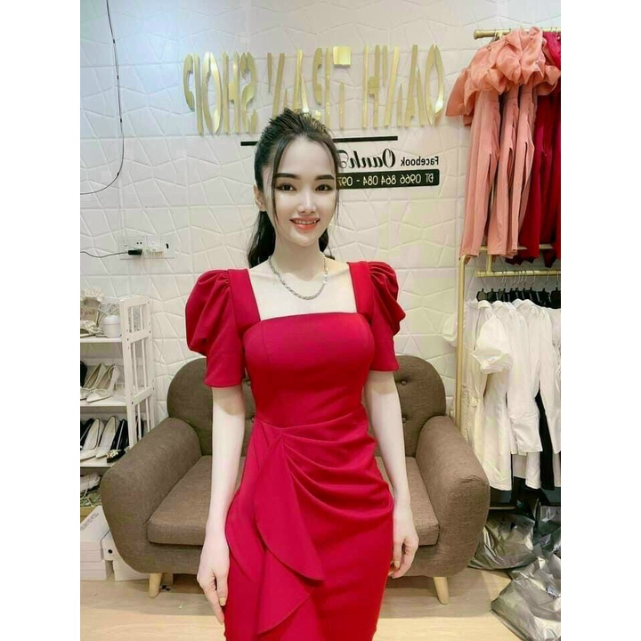 Đầm cá sẻ tà điệu đà xếp li nhẹ phối cổ vuông trông cực kì quý phái 2 màu nure và đỏ vải mềm co giãn
