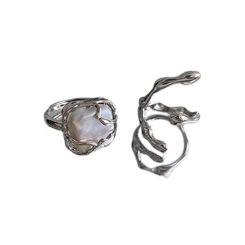 Nhẫn kim loại đính hạt ngọc trai bất đối xứng phong cách harajuku cổ điển cá tính 19a1437