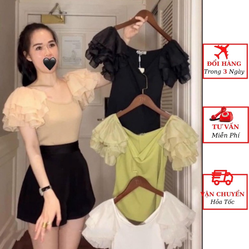 Áo kiểu nữ xốp nhăn tay tơ bồng viền bèo tầng dáng ôm body tiểu thư bánh bèo đi tiệc cưới ulzzang Hàn Quốc