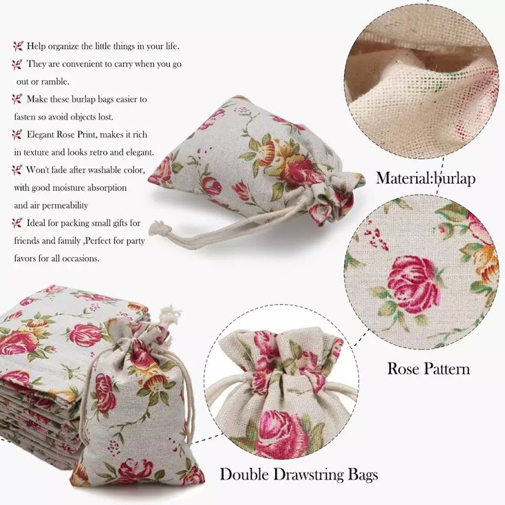 Túi vải bố linen dây rút họa tiết phong cách vintage đựng hoa khô hoa thơm cà phê size 10x14cm - namimi