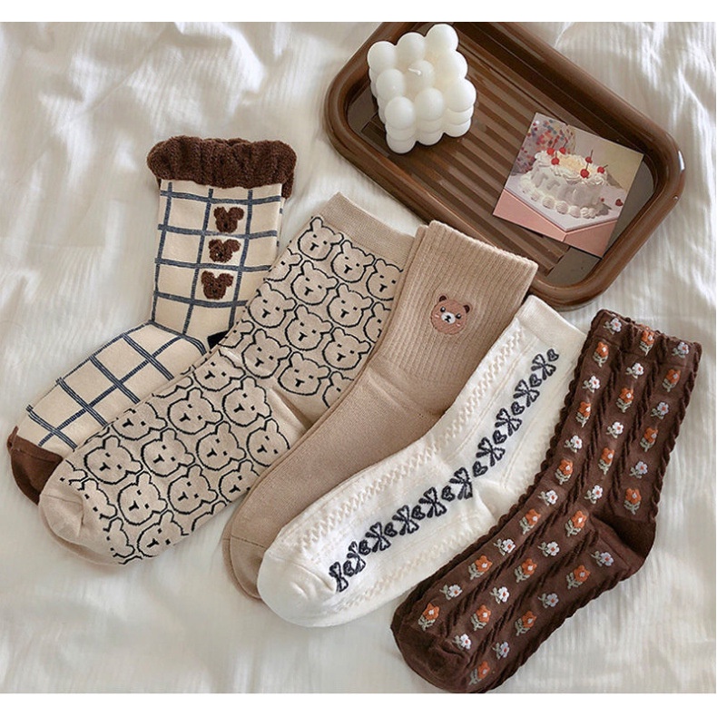 Vớ Cotton Cổ Vừa Thoáng Khí In Họa Tiết Gấu Phong Cách Hàn Quốc Thời Trang Cho Nữ Sinh