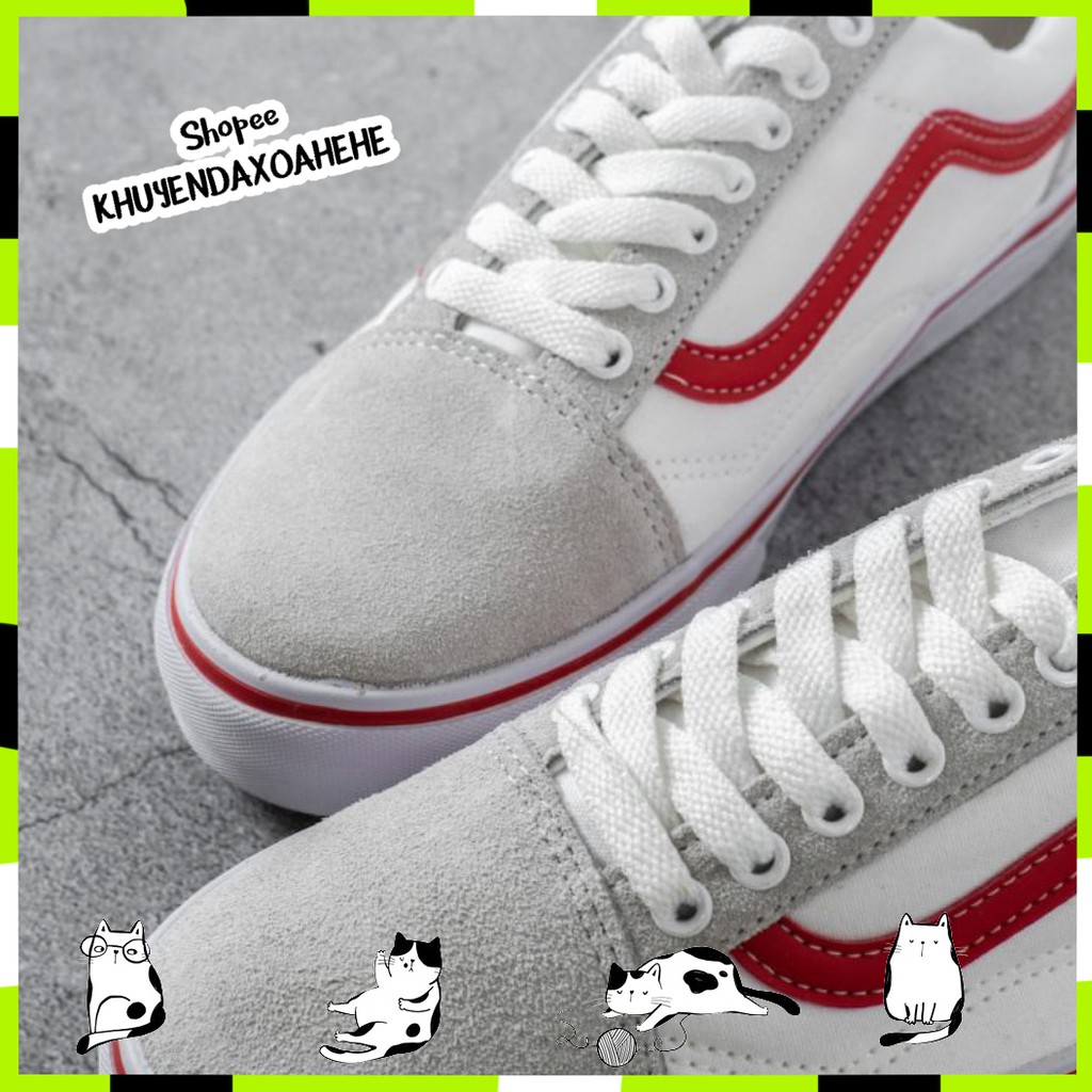 Giày V Old Skool trắng vạch đỏ, mũi da lộn xám