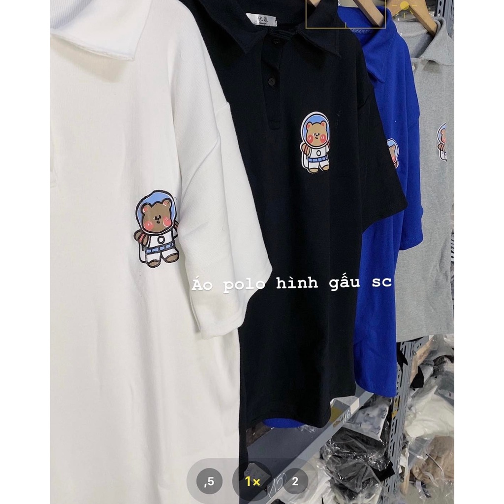 Áo polo nam nữ form rộng in hình gấu chất vải cotton cá sấu trẻ trung phong cách Hàn Quốc