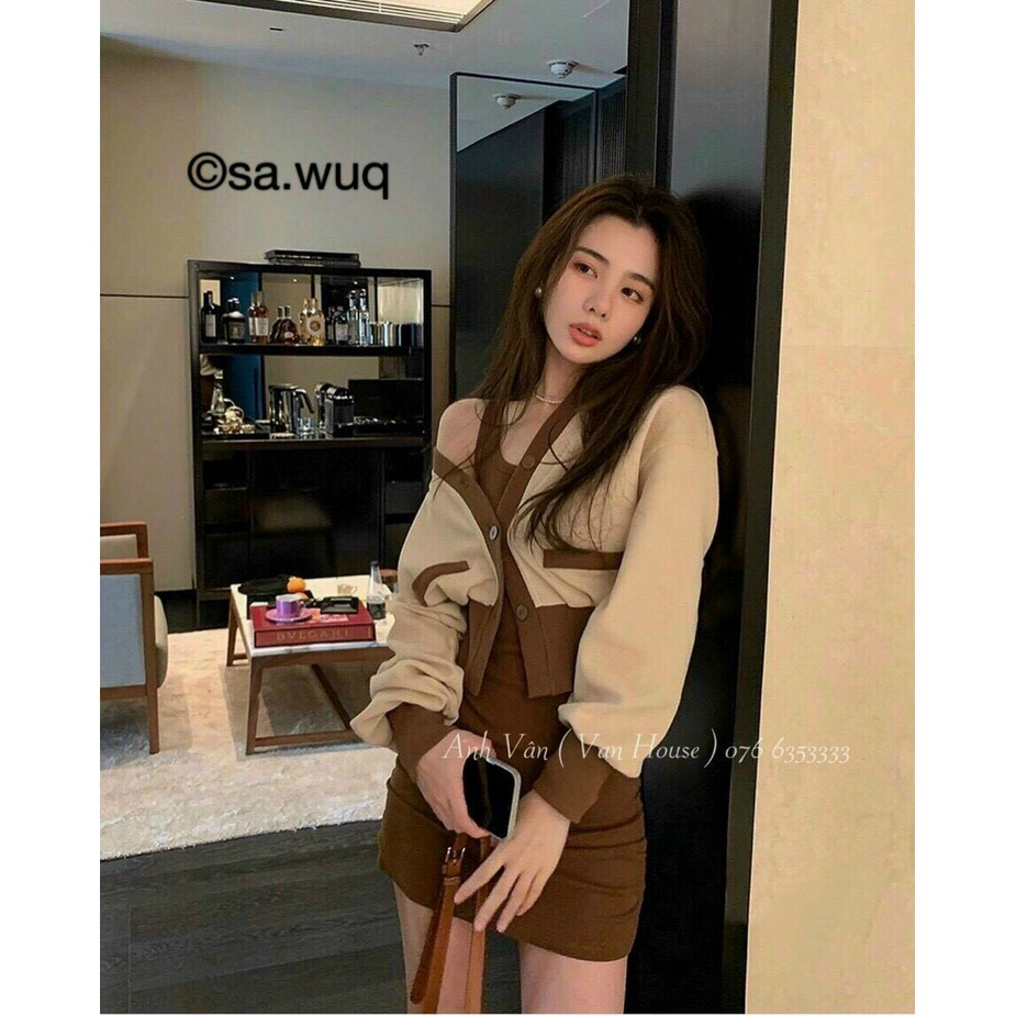 [ Miễn phí ship 2022 ] Đầm thun kèm khoác gân ,  đầm ôm body áo cadigan ngoài phối màu phong cách hàn quốc trẻ trung